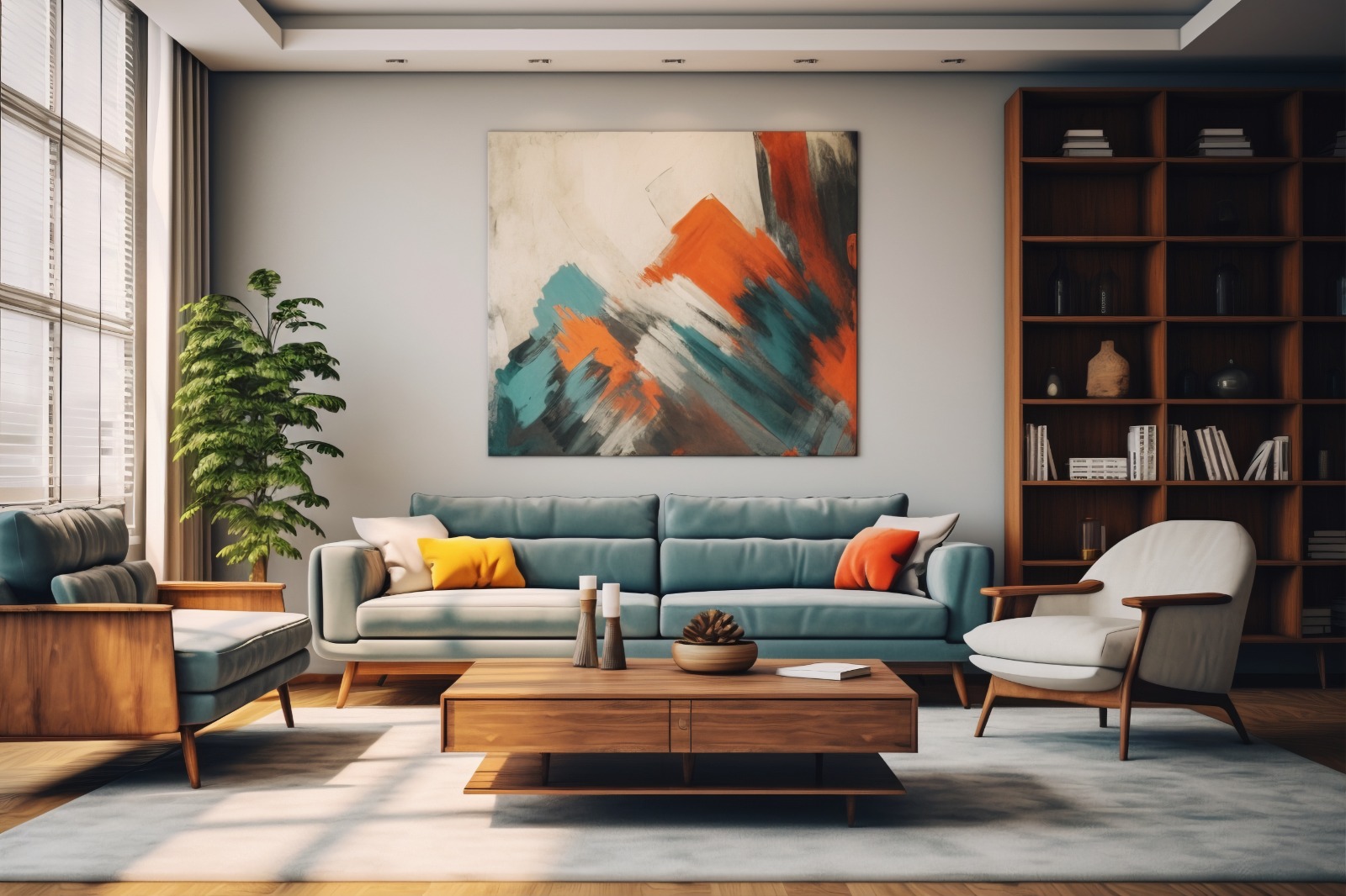 Living room TV unit with textured feature wall and handleless storage